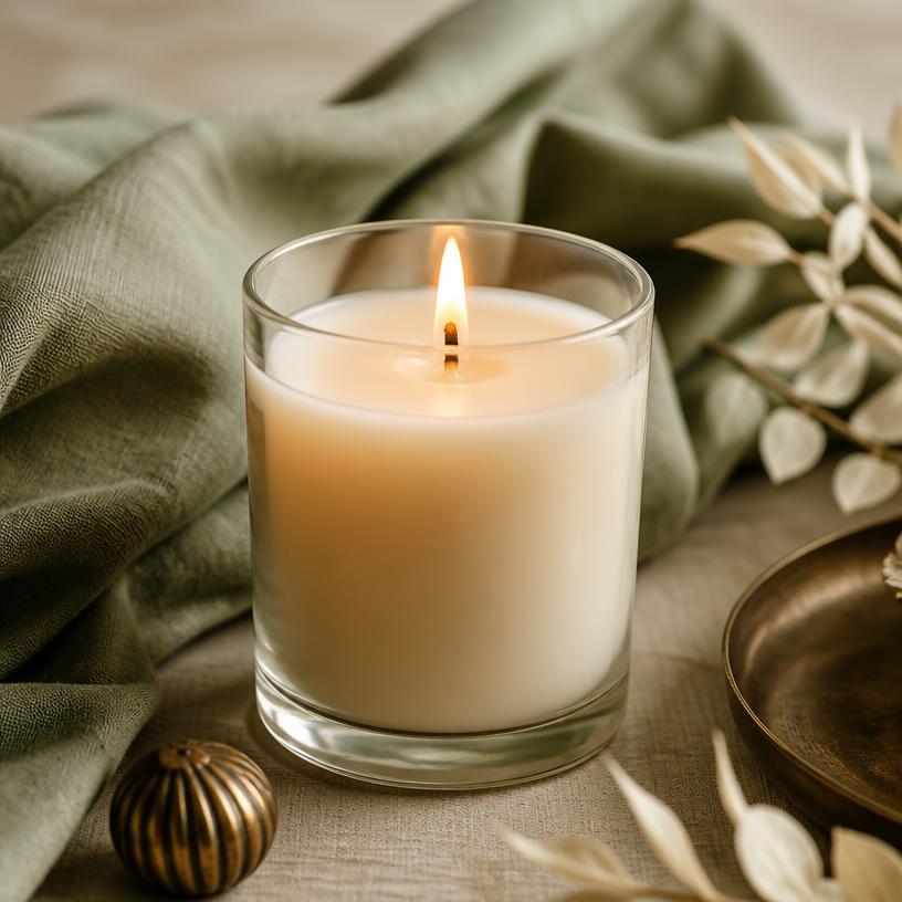A single lit candle beside dried flowers and sage green linen