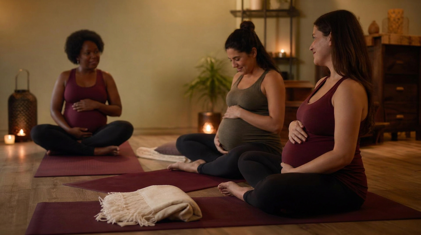 A calm pregnancy yoga class in a candlelit studio with women resting on mats